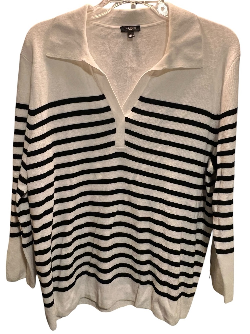 Talbots - Silk Cotton Blend- White Knit Top with Black Stripes